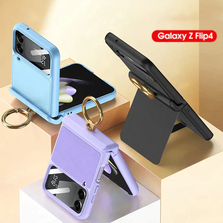 Magnetic Hinge Leather Ring Bracket Case for Z Flip 4