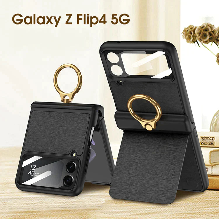 Magnetic Hinge Leather Ring Bracket Case for Z Flip 4