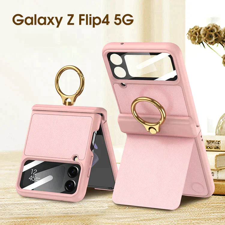 Magnetic Hinge Leather Ring Bracket Case for Z Flip 4
