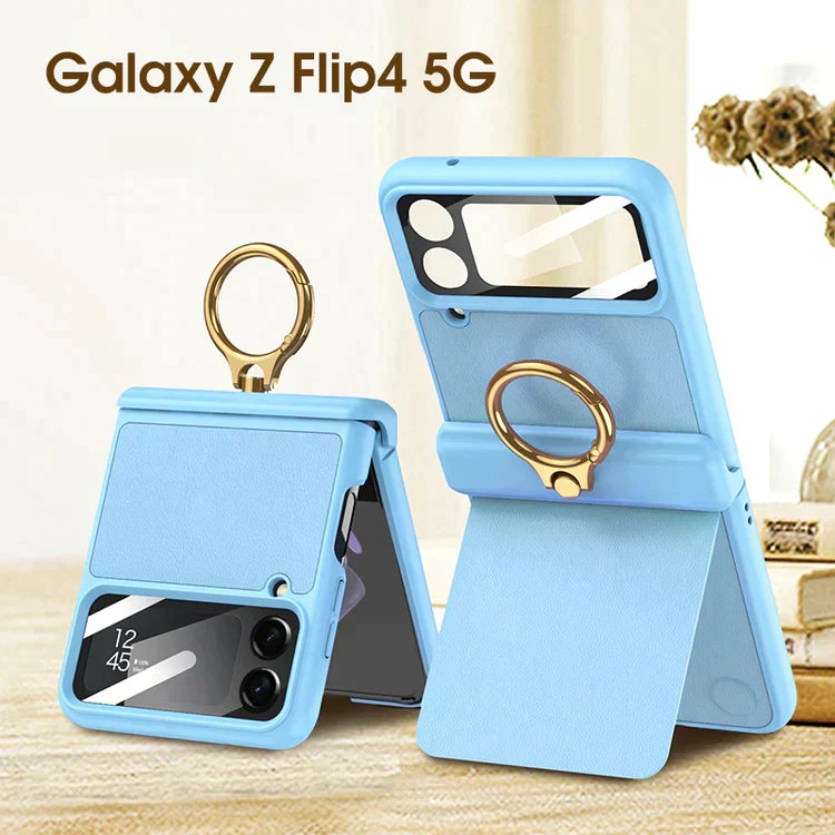 Magnetic Hinge Leather Ring Bracket Case for Z Flip 4