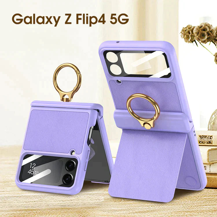 Magnetic Hinge Leather Ring Bracket Case for Z Flip 4
